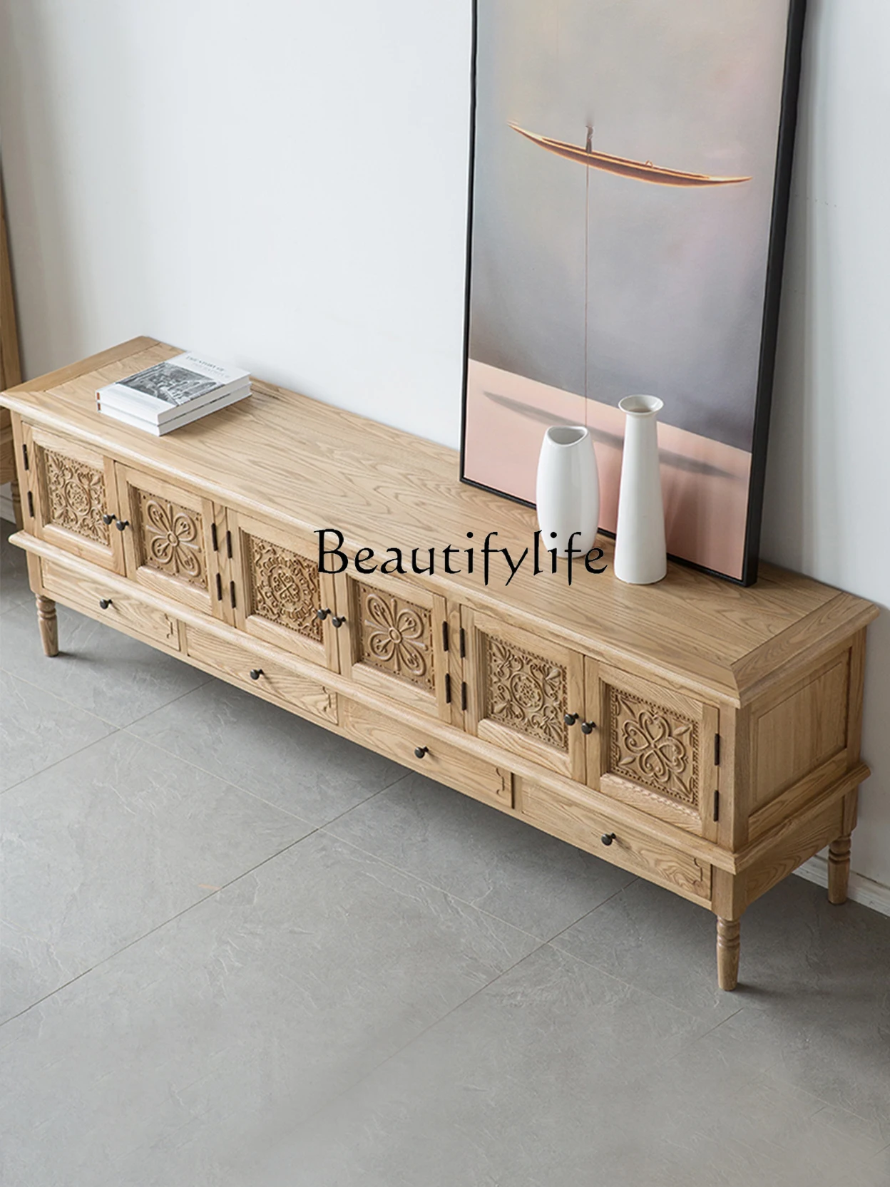 

Retro Idyllic Wood Carved TV Cabinet Silent Wind Floor Cabinet