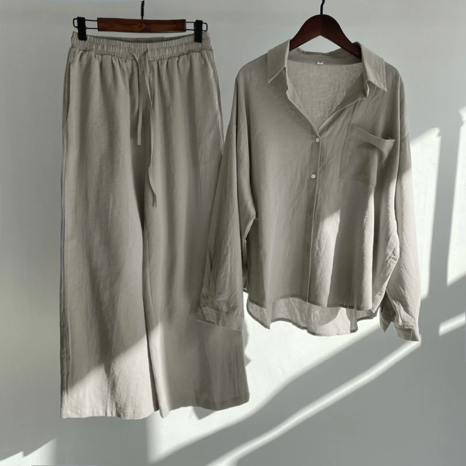 

Women's Casual Solid Color Retro Plus Size Loose Cotton Button Shirt And High Waist Loose Pocket Long Pant Two Piece Sets