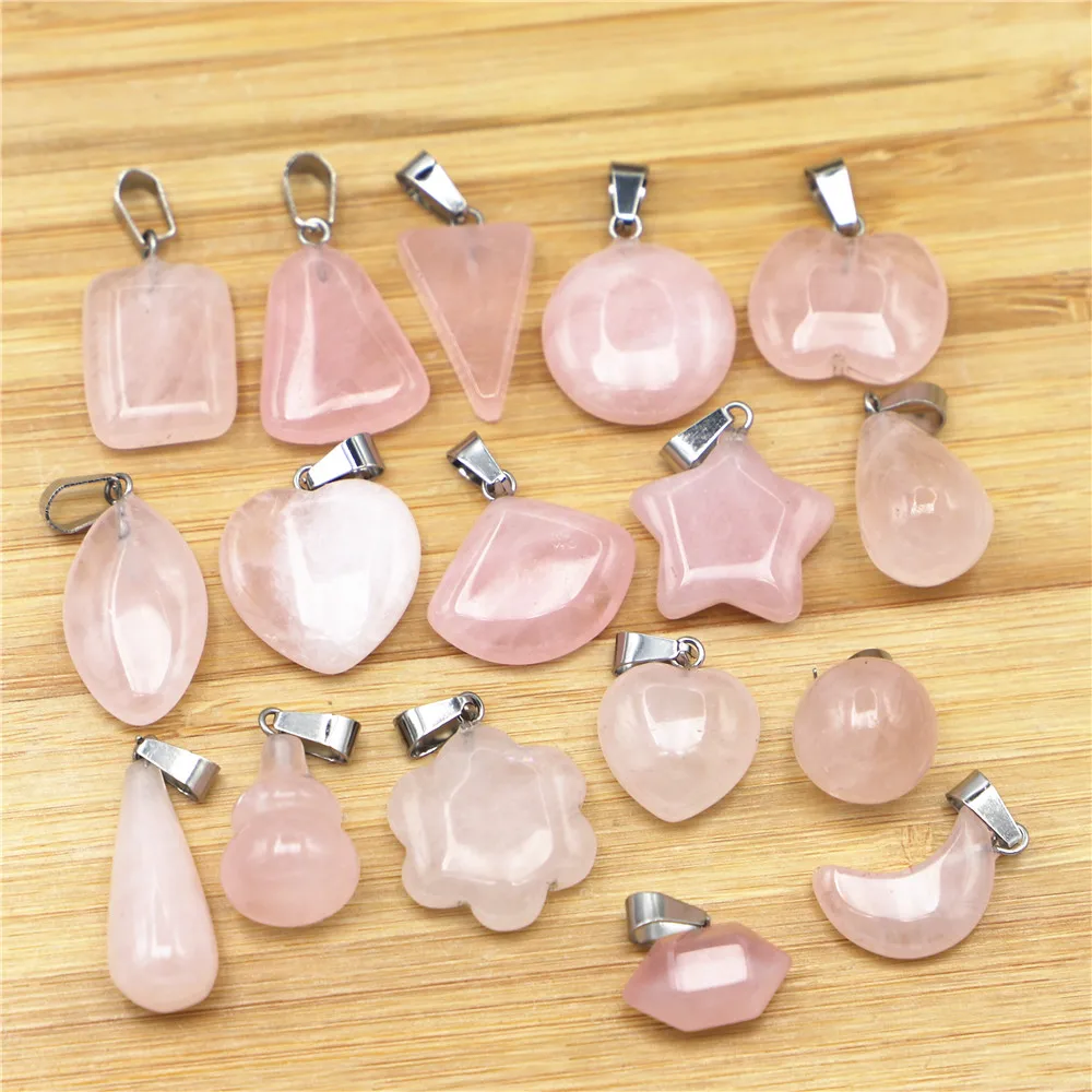 Fashion Natural Rose Quartz Stone Crystal Heart Fan Pendants Charms Waterdrop Gourd Star Moon for Women Jewelry Making 30PCS