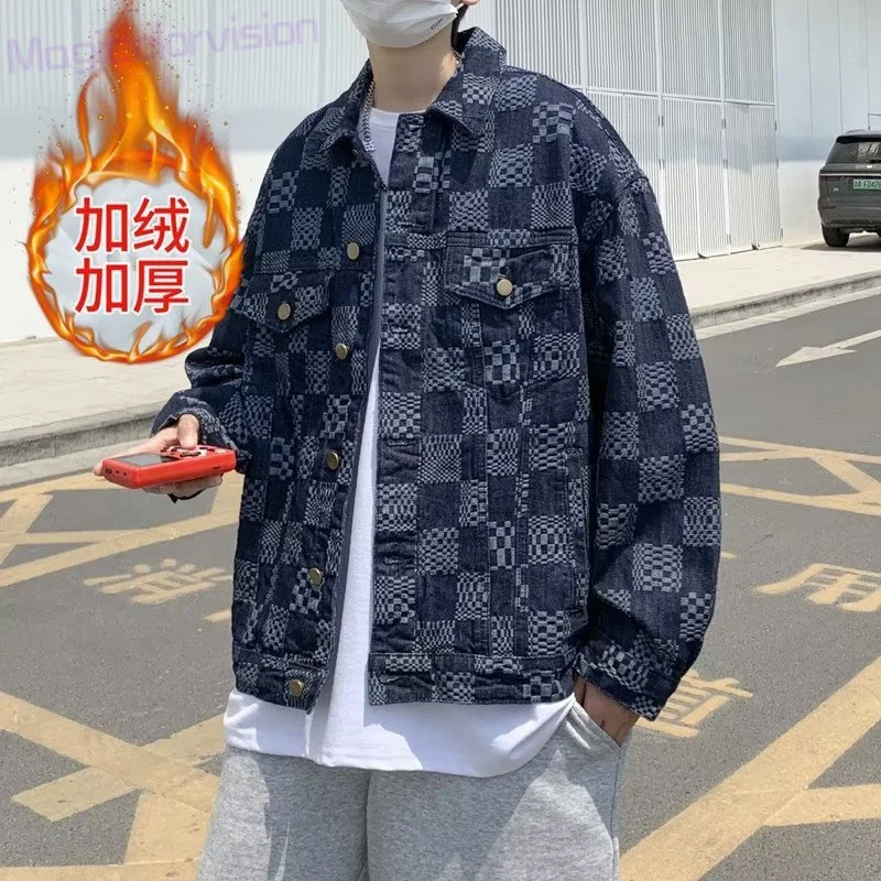 High Quality Denim Jacket Fashionable Personality Jacquard 2023 Spring and  Autumn Men's Loose Chessboard Plaid Casual Jacket