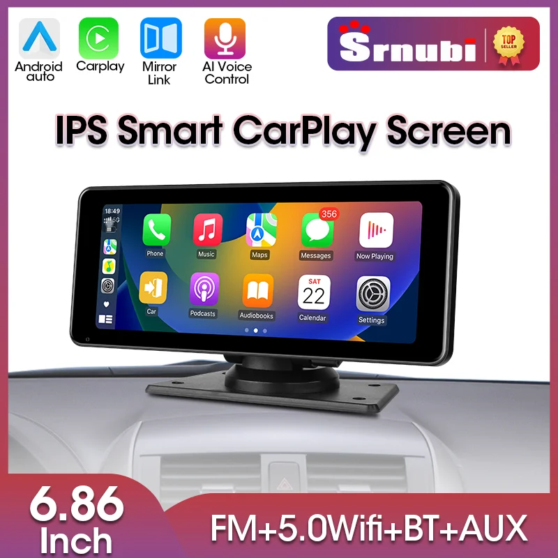 Srnubi 6.8inch Wireless CarPlay Android Auto Screen Mirror Link Rearview Camera AUX Bluetooth FM Audio GPS Navigation Car DVR