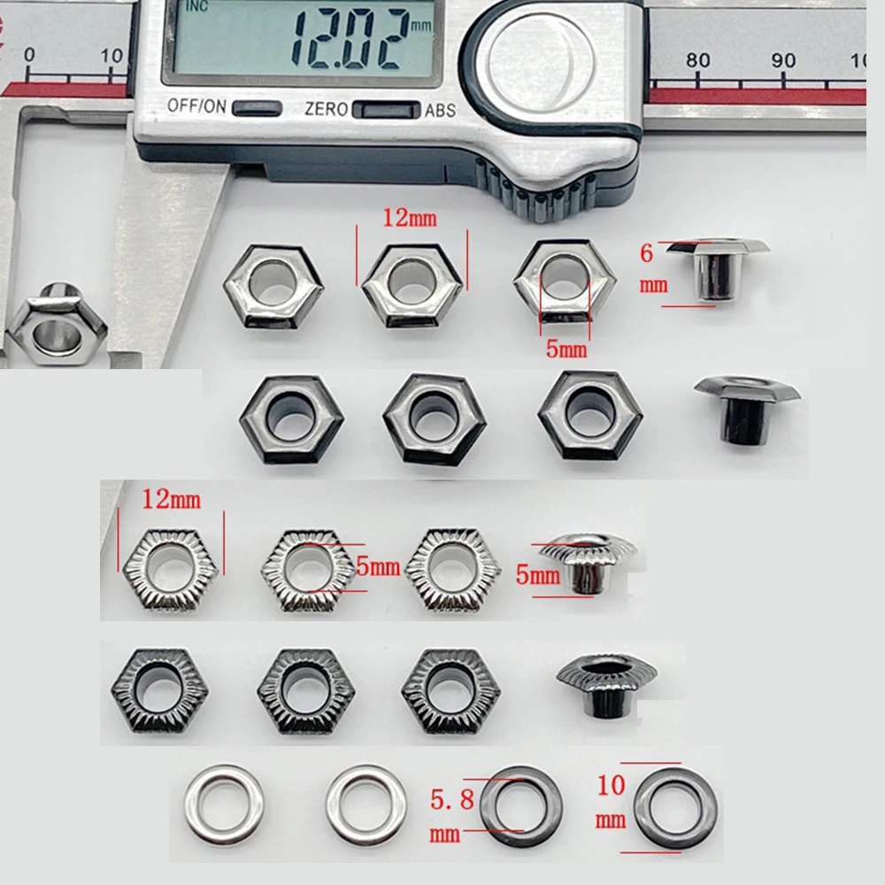 200sets/lot 6x Hexagon Brass Metal Grommets + Round Washer Eyelets Silver Nickle/Black Inner Hole 3.5/5mm Leather Craft freeship
