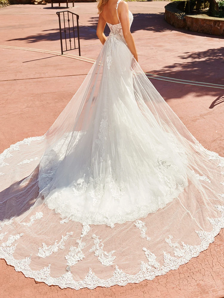 

Lace Mermaid Wedding Dresses with Detachable Long Train Bridal Gowns Sexy Back Summer Court Train Wedding Dresses