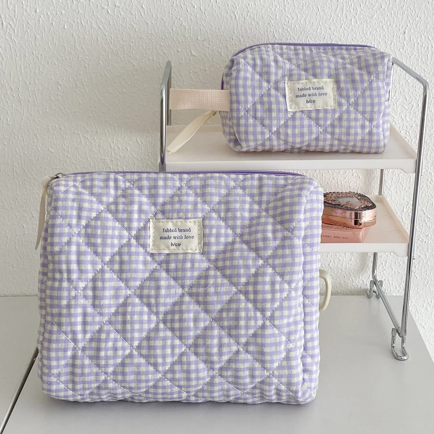 Retro Plaid Ladies Cosmetic Bag Quilted Cotton Women's Travel Storage Bags Portable Female Clutch Purse Large Capacity Handbags 2