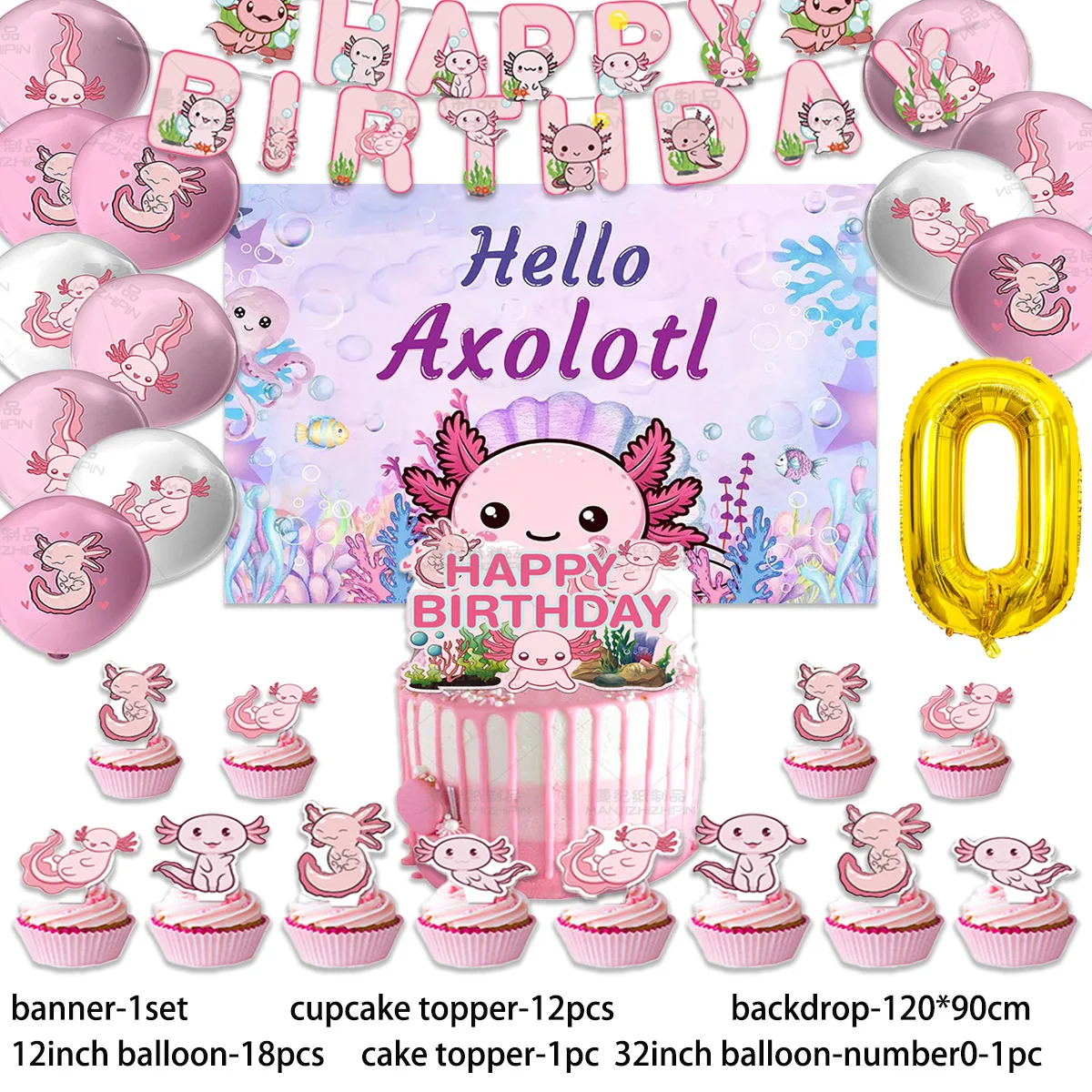 Description Picture 5 of itemCute Pink Axolotl Theme Birthday Party Supplies Decor Underwater Animal Balloon Banner Backdrop Cake Topper Kid Baby Shower Gift