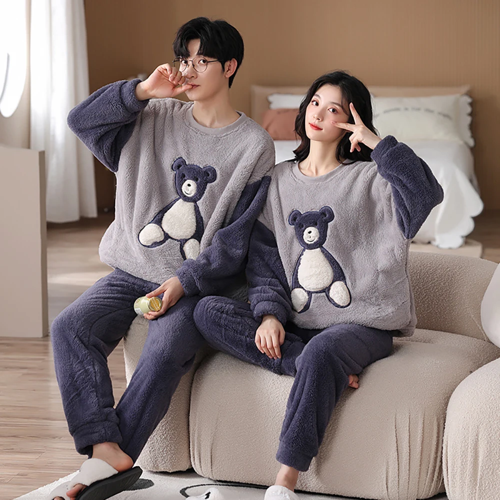 

Korean Style New Women's Cartoon Pajamas Winter Thicken Coral Fleece Clothes Set Couple Sleepwear for Sleeping Warm Home Wear