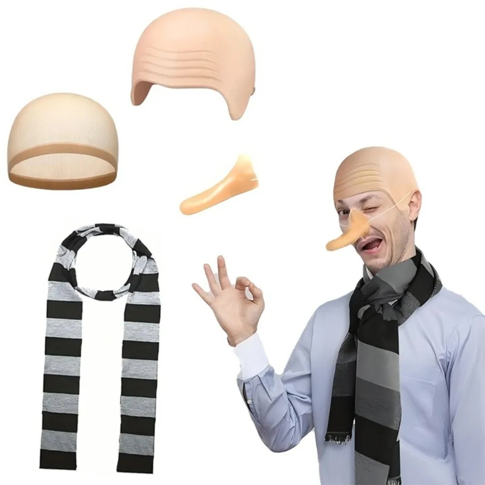 4-teiliges Despicable Me Gru Cosplay-Set mit Fake-Nase, Glatzkopf-Mütze, Halloween-Kostümzubehör, Schwarz-Grau Gestreifter Schal für Herren – Detail 7