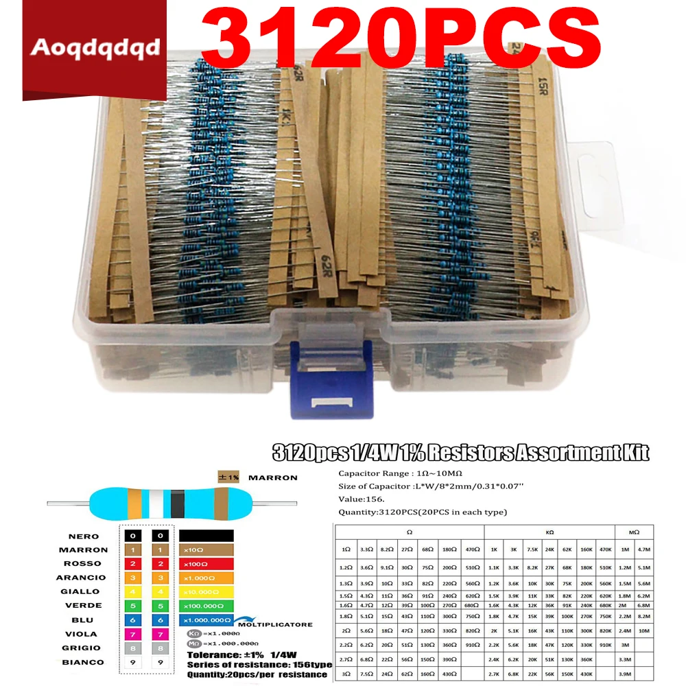 3120PCS Metal Film Resistor 1/4W 0.25W 1 1R10M Resistance Set 156