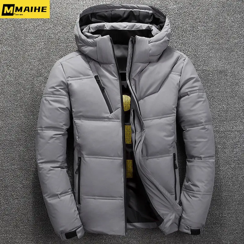 Jaqueta puffer casual masculina com capuz, chapéu grosso, parka de pato branco, casaco quente, gola com gola alta, outono, inverno