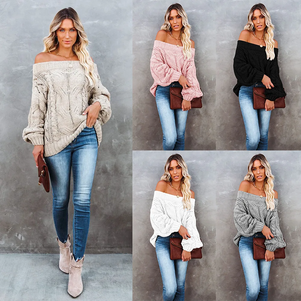 

Pullover Sweater Women Autumn and Winter States Off-the-shoulder Plus-size Loose Knit Sweater with A Boat Neck Solid Color