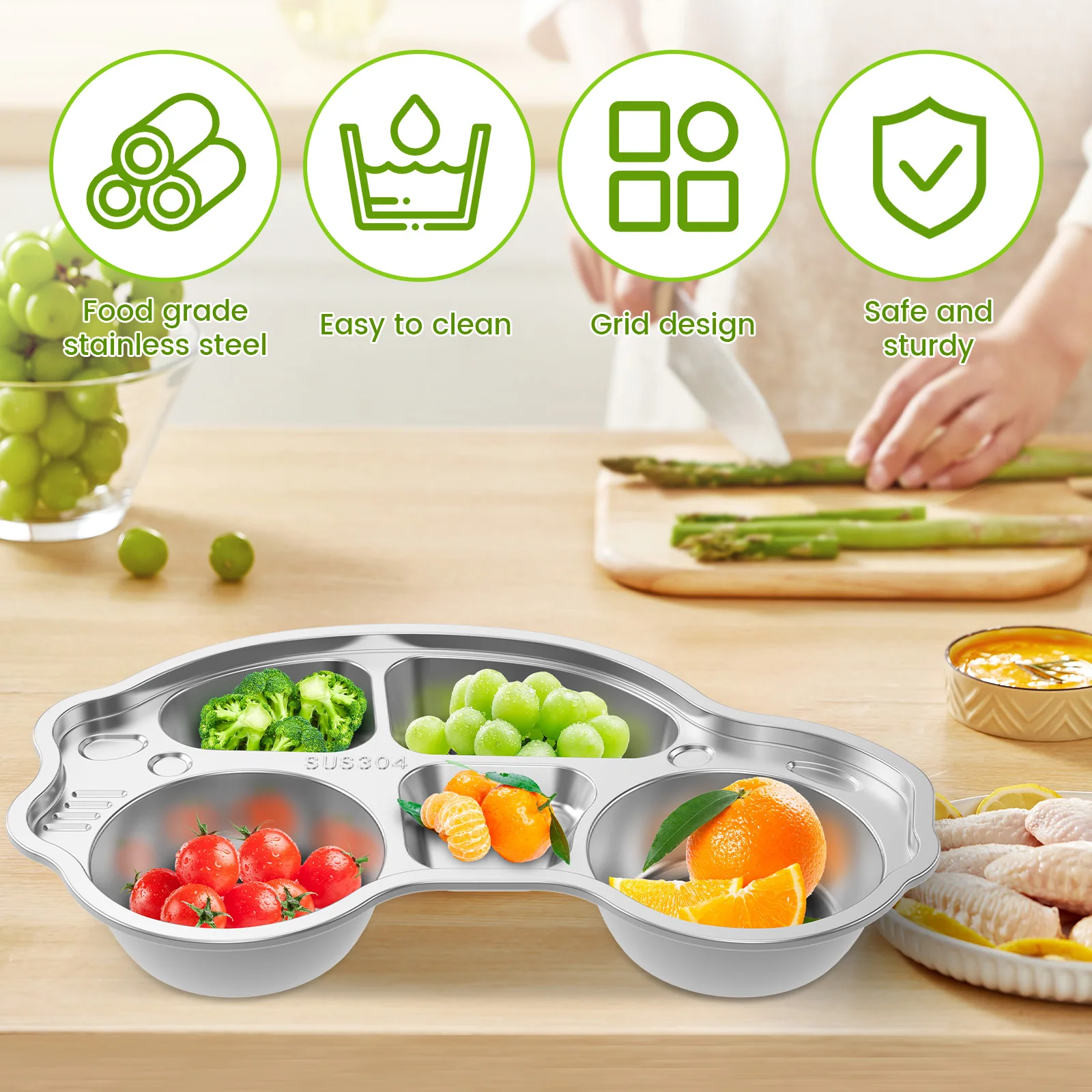 2 Pcs Kids Plates with 5 Compartments Car Shape Meal Plate Reusable Dinner Plates Serving Platter Portable Toddler