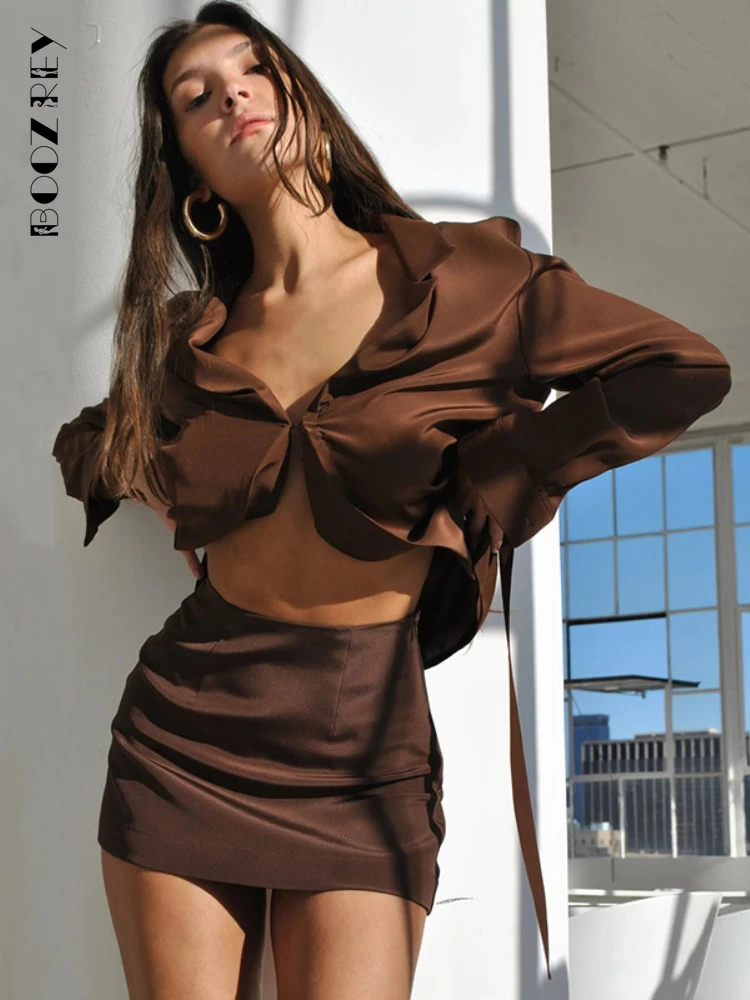 BoozRey Bandage Shirt Mini Skirt Women Set Trumpet Sleeve Open Chest Sexy Street Party Club Matching Set Summer Solid Dress Set boozrey bandage shirt mini skirt women set trumpet sleeve open chest sexy street party club matching set summer solid dress set