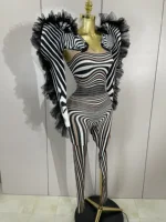 Women Zebra Stripes Long Sleeve Bodycon Jumpsuit Two Piece Set Birthday Party Nightclub Stage Performance Festival Rompers - Image 4