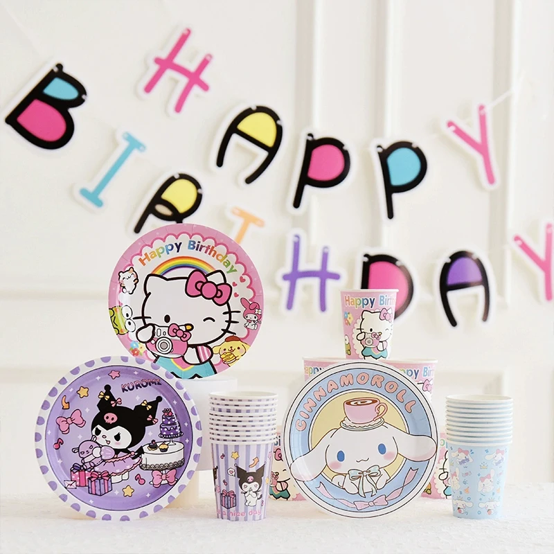 Kawaii Sanrio Kuromi KT cat birthday decoration scene layout disposable tableware tablecloth party atmosphere