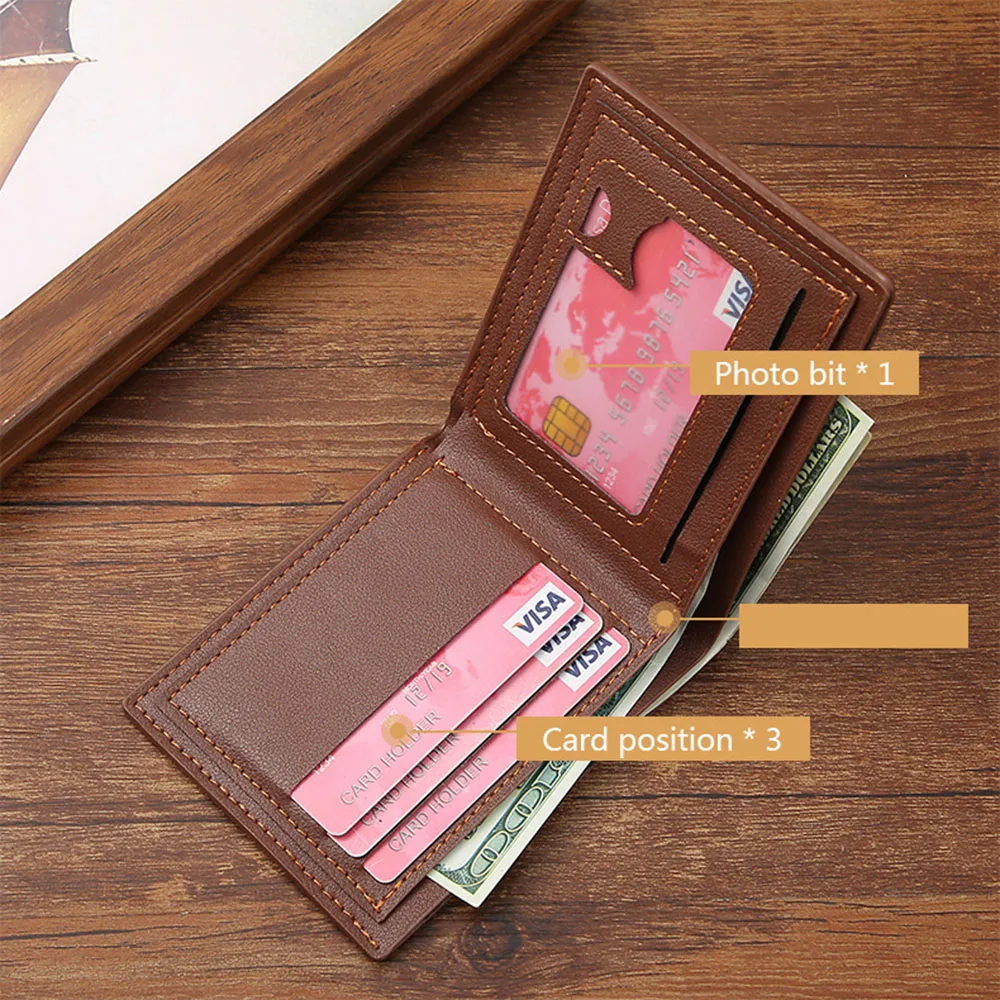 Lychee Texture PU Leather Men's Wallet Short Cash Purse Multi Card Slot Patchwork Card Holder Photo Holder Horizontal Money Clip 3