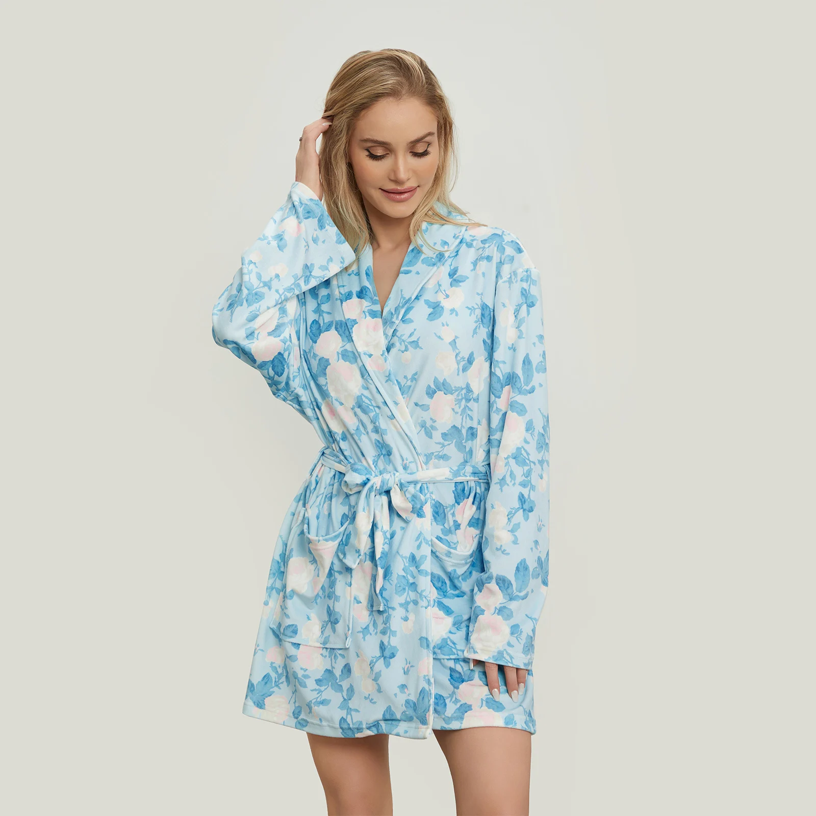 Women's Sleep Robe Spring Autumn Sleepwear Floral Print Long Sleeve Lapel Belted Nightgown with Pockets Bath Robes Loungewear