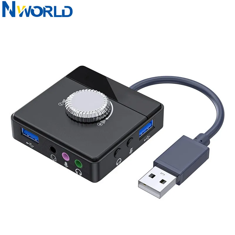 Nworld USB 외장 사운드 카드, 드라이버 프리 볼륨 조절 가능, 외장 스테레오 오디오 어댑터, 3 포트-3.5mm 잭 