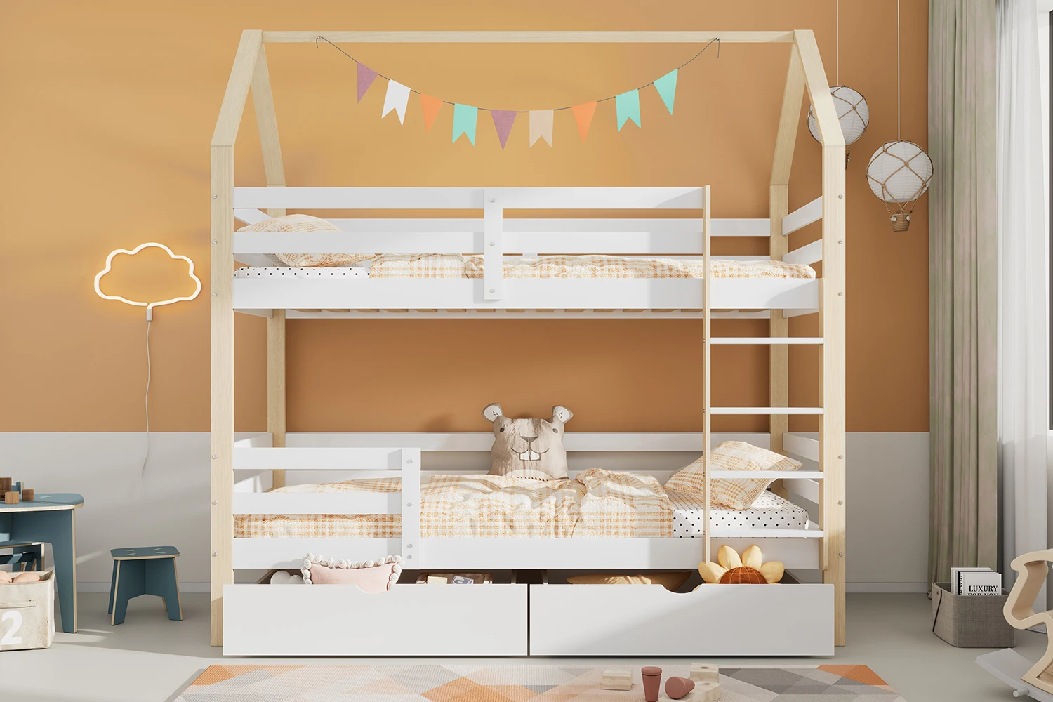Einfach ins und aus dem Bett steigen und heruntersteigen, Doppelbett, Kinderbett in Hausform, große Schubladen, Hausbett aus Kiefernholz für Kinder, 90 x 200 cm – Detail 14
