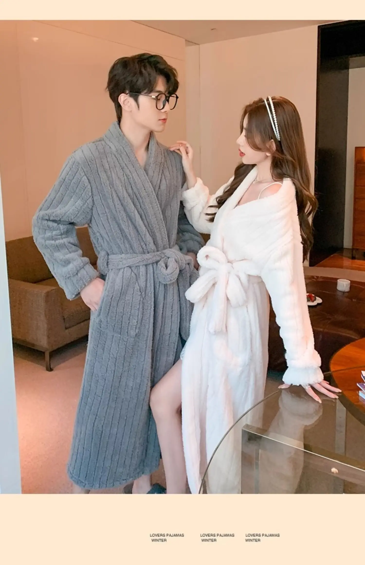 Fashion Night-Robe Couple Pajamas Men Women Autumn Winter Thick Fleece Long Bathrobe Warm Long Sleeve Solid Color Loungewear