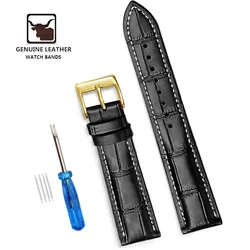 Classic Genuine Leather Watch Band with Soft Cowhide Strap and Adjustable Sizing Plus Tool - 22mm (Black white 3)