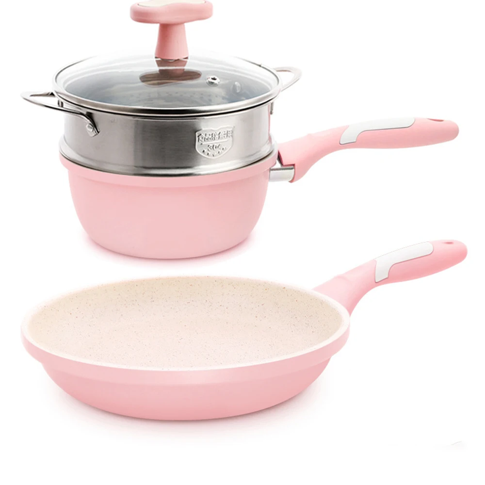 Frying Pot Pan 3 Piece Non-stick Cooking Pot Cookware Set, Pink