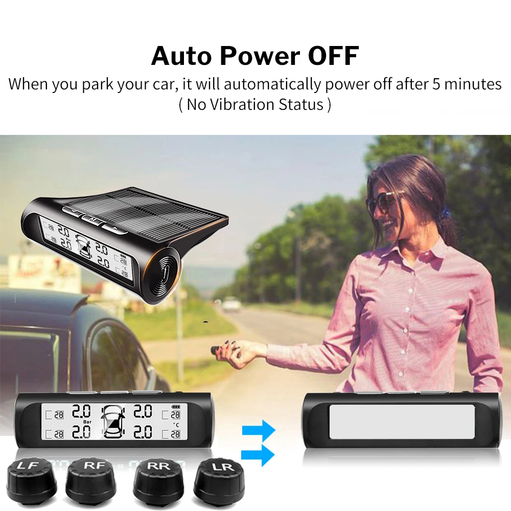 Allarme pressione pneumatici per auto a energia solare Display digitale Auto Smart Tpms Sistema di monitoraggio della pressione dei pneumatici Avviso temperatura con sensore - immagine 6