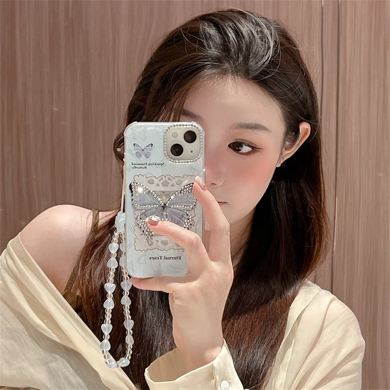 Box Girl Wind Blue Butterfly Water Diamond Phone Case Con La Stessa Catena Adatta Per Iphone 11 12 13 14 15