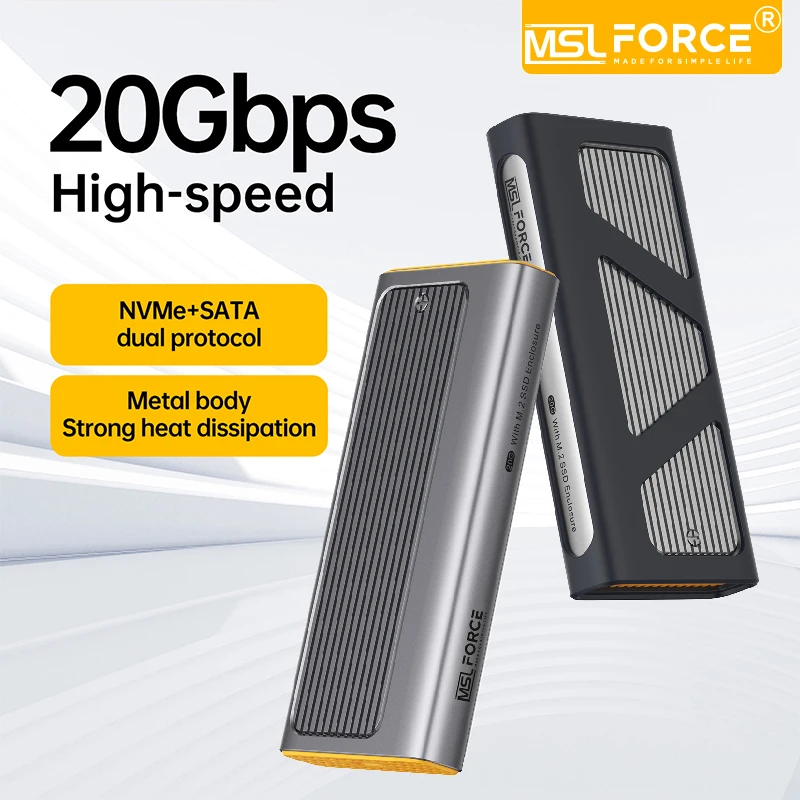 MSLFORCE 20Gbps SSD External Case Type C M.2 NVMe Enclosure USB 3.2 Gen2X2 M2 Solid State Drive Housing HD Storage Box for PC