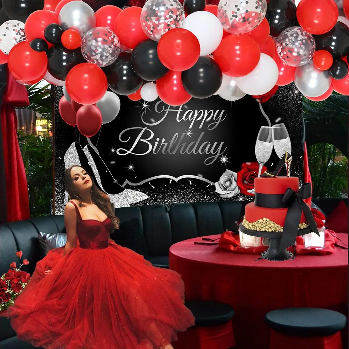 JOYMEMO Party Decorations for Women Birthday with Red Black and Silver  Balloon Garland Kit Happy Birthday High Heels Backdrop - AliExpress