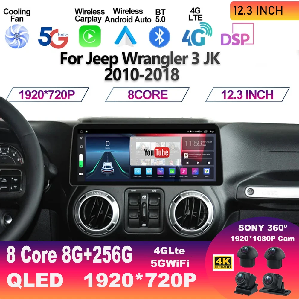 

For Jeep Wrangler 3 JK 2010-2018 12.3INCH QLED Screen Car Android 13 System GPS Multimedia Player Carplay 2Din Car Radio Stereo