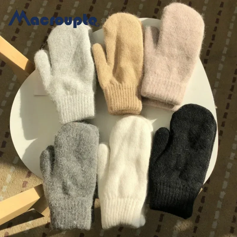 Double-layer Rabbit Hair Gloves Women Winter Korean Solid Color All Fingers Girls Mittens full finger gloves,warm gloves