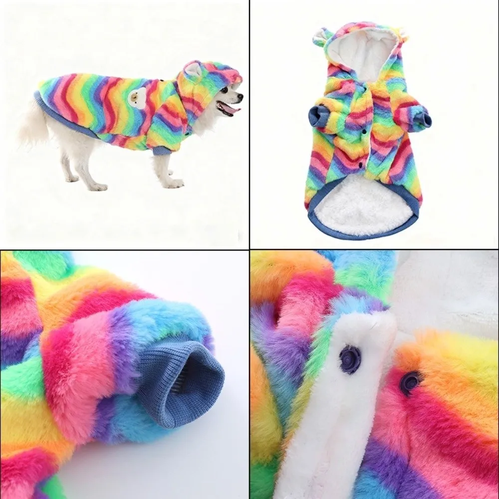 Fashion Thick Pet Dog Hoodie Warm Rainbow Puppy Pullover Soft Fleece Dog Sweatshirt Outdoor