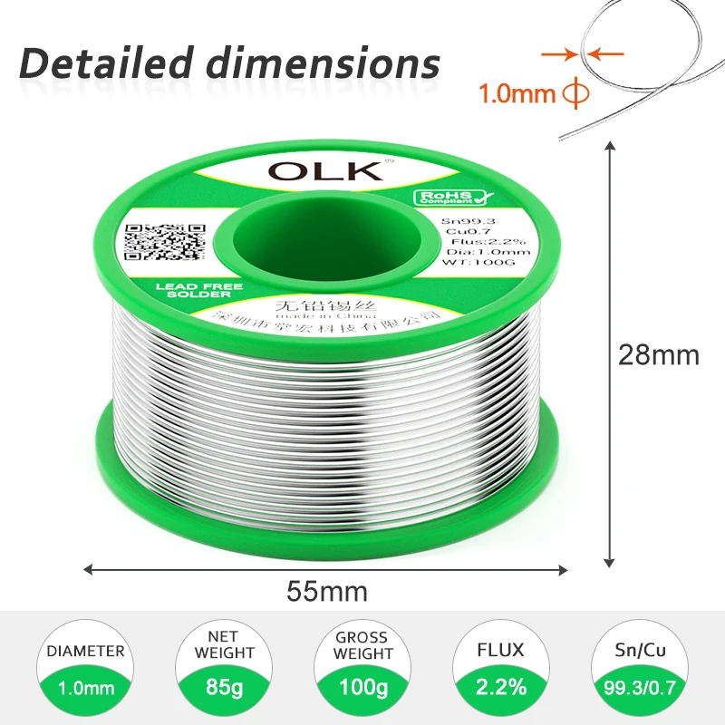Фото OLK бессвинцовый припой с канифольным сердечником Sn99 Ag0.3 Cu0.7-50g/100g, катушка для защиты окружающей среды, для несвинцовой паяльной проволоки №5