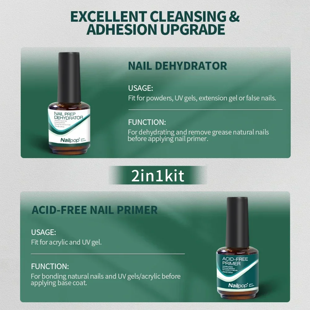 Nail Dehydrator Nailpop Acid Free Natural Nail Prep for Acrylic and UV Gel Polish Fast Dry Superior Bonding Set