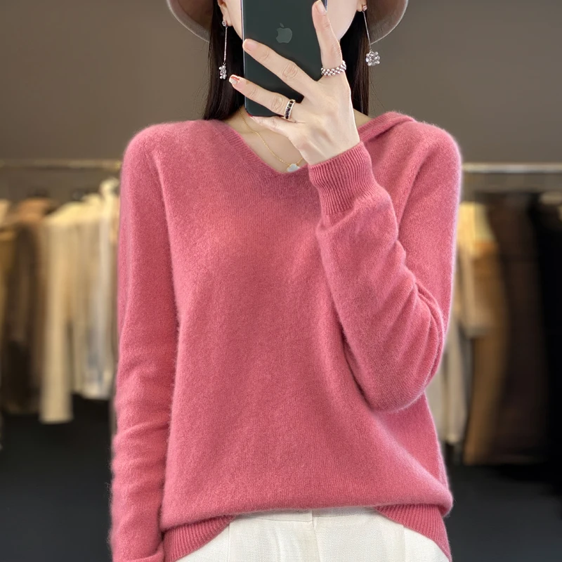 

Женский шерстяной трикотажный пуловер с V-образным вырезом и капюшоном