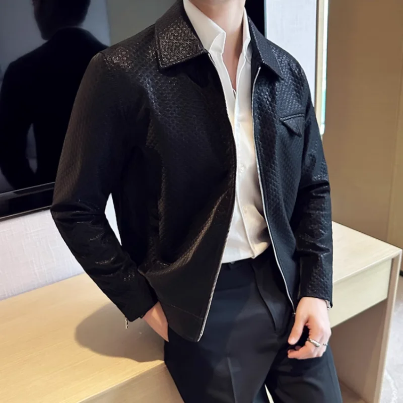 

Brand High-quality Leather Men Jacket High-end Slim-fit Fashion Lapel Business Casual SpringAutumn Gloss Leather Men's Coat