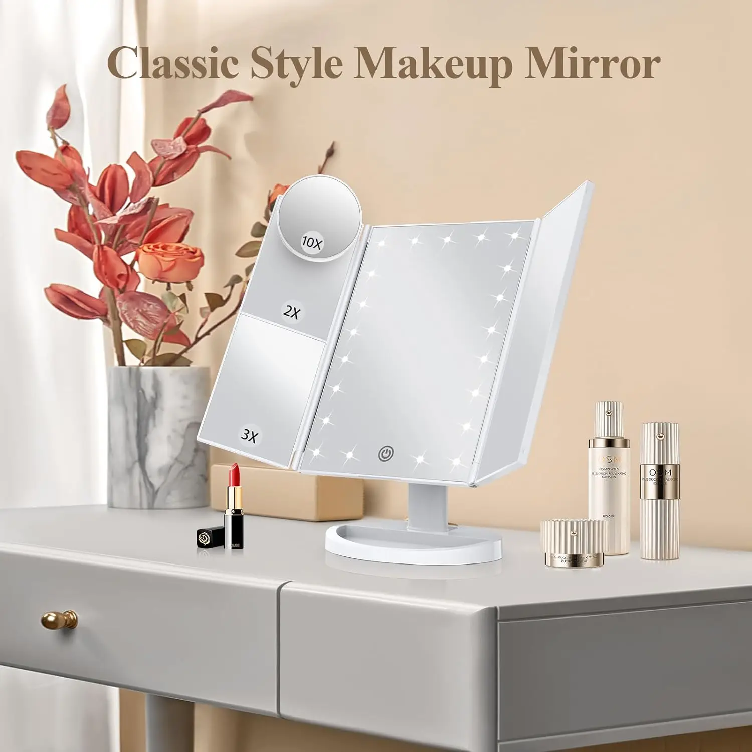 Three fold Makeup Mirror with Light Portable Desktop Dressing Mirror Led Three fold Makeup Mirror