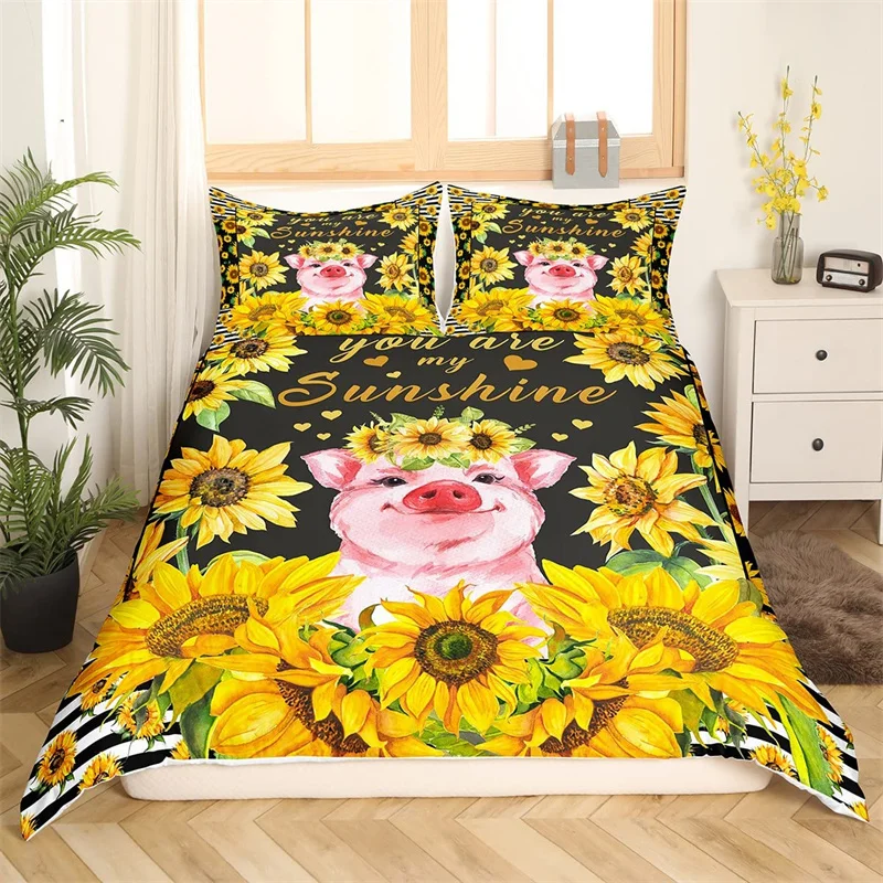 

Farm Animal Duvet Cover Kawaii Pig Bedding Set Polyester Pigs Floral Comforter Cover Twin King For Teen Boy Girl Gift Room Decor