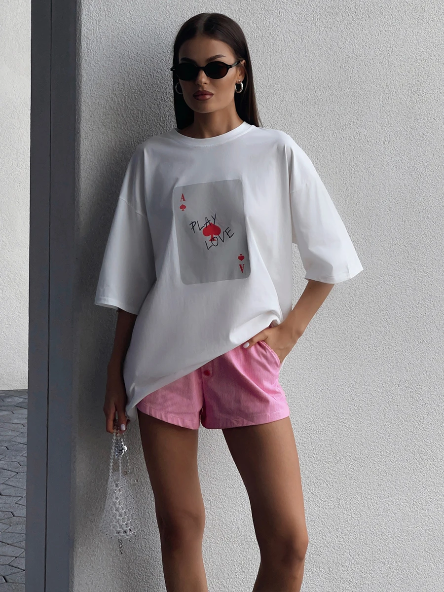 Bornladies 100% Cotton Poker Card Printed T-Shirt Women's Fashionable O-Neck Loose Short Sleeved Female Summer New Casual Top