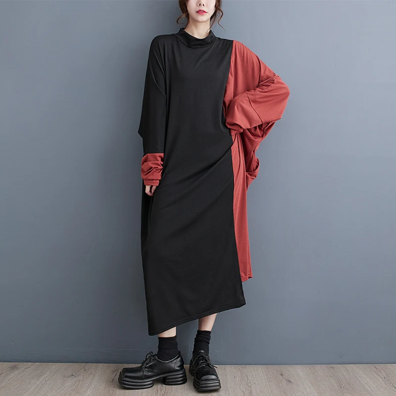 

2023 New Arrival Batwing Sleeve High Strecth Patchwork Loose Autumn Dress Street Fashion Women Spring Casual Midi Dress