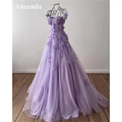 Amanda Princess 3D Flower فساتين مناسبة رسمية Sweet A-line Tulle Evening Dress Purple Prom Dress Handmade Robe De Soirée