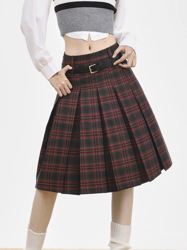 

GUUZYUVIZ Amercian Style Vintage A-line Plaid Skirts For Woman Autumn Winter Y2K Casual High Waist Midi Pleated Skirt