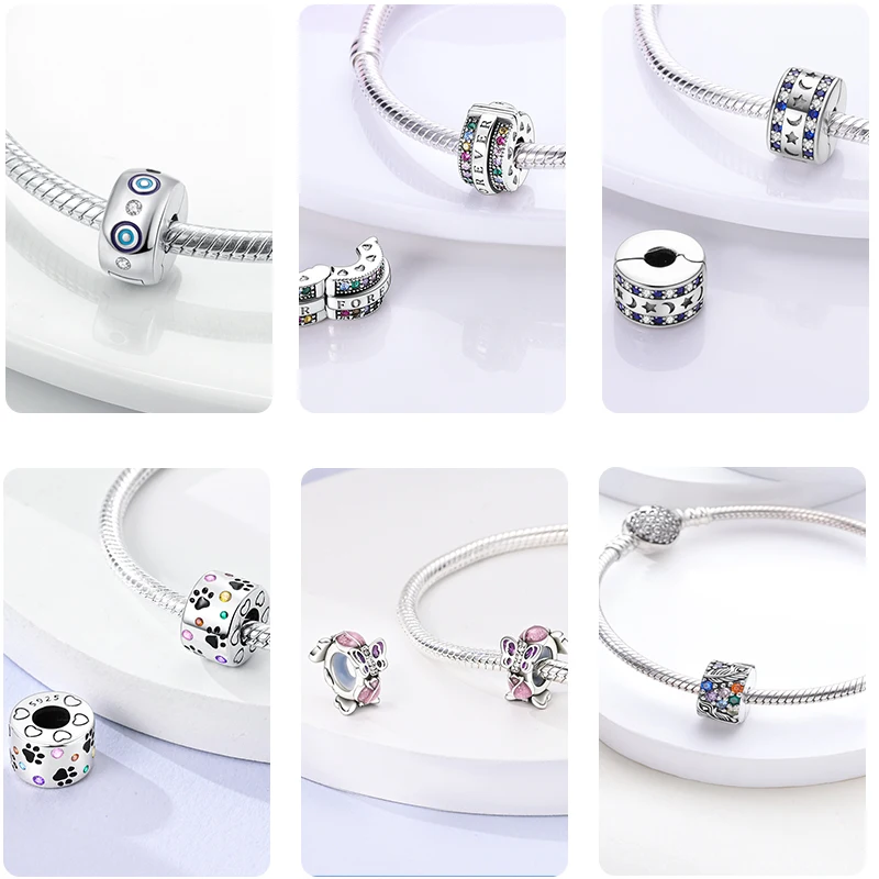 New Sparkling 925 Sterling Silver Clasp Round Clip Charms Daisy Feather Fit Original Pendant Beads Safety Chain Bracelet Jewelry 3