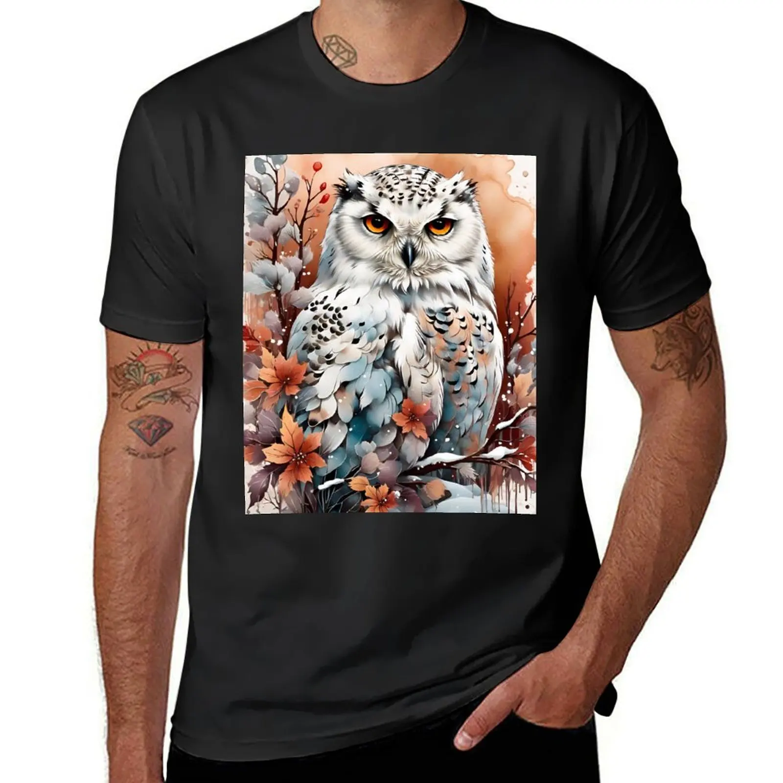 

Snowy Owl - watercolor winter T-shirt summer tops boys whites plain plain white t shirts men