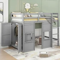 Twin Size Loft Bed with Wardrobe Storage & 2 Windows Solid Wood Frame Guardrail Modern Design High Load Capacity Easy Assembly 1
