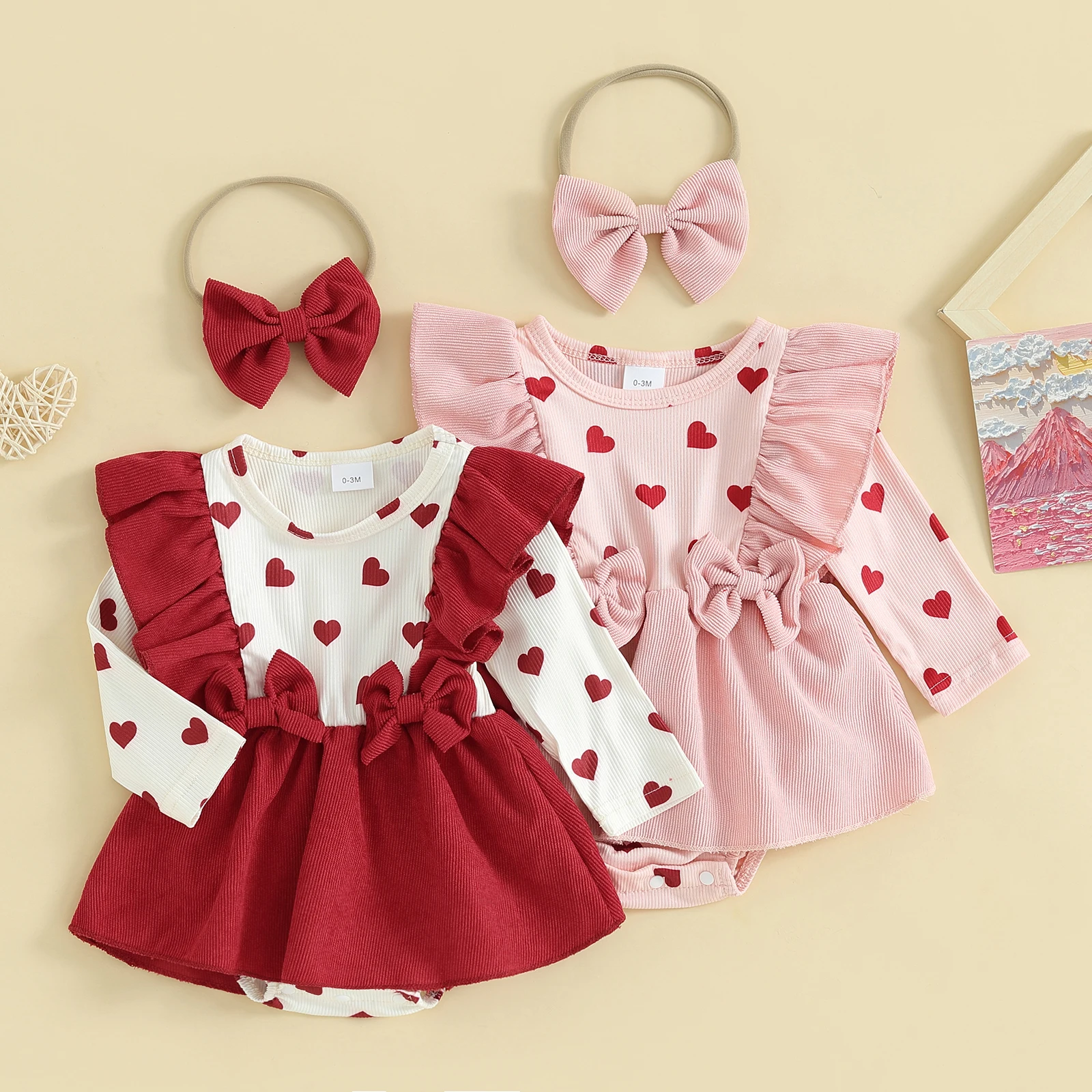 

Infant Baby Girl Long Sleeve Heart Print Corduroy Romper Dress with Headband 2Pcs Spring Clothes