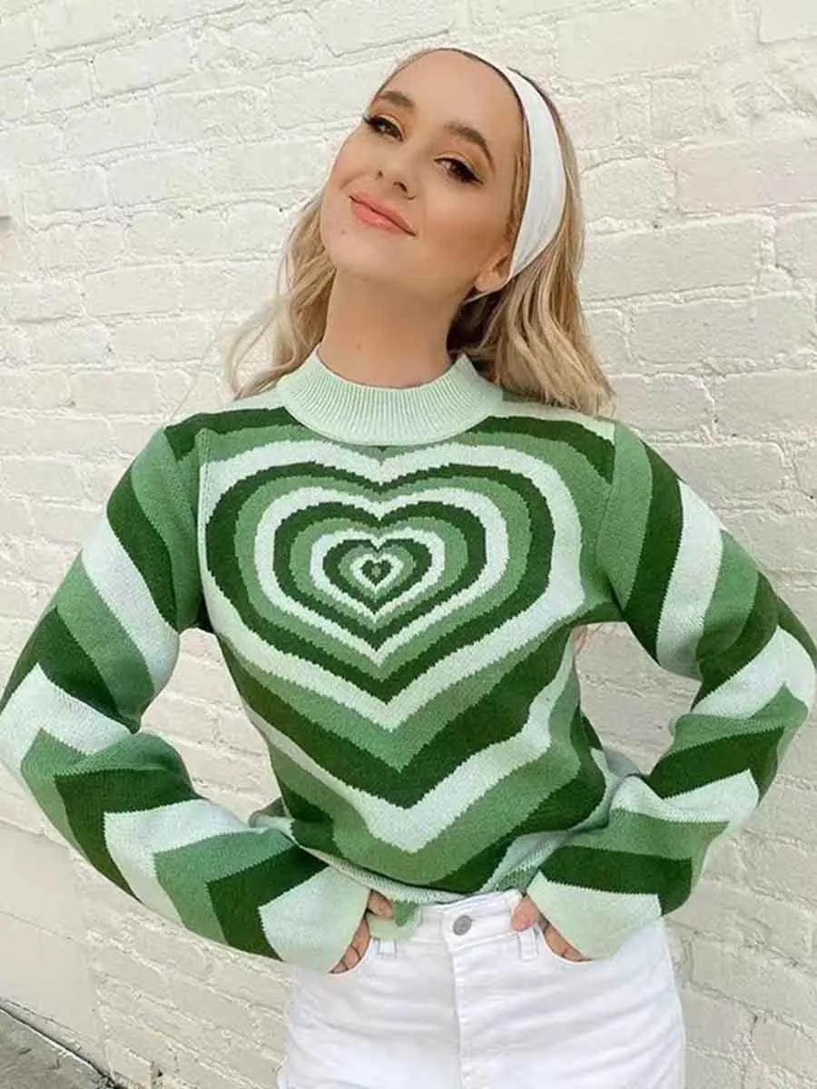 

Autumn and Winter Women's Clothing New Crew Neck Sweater Knitted Long-Sleeved Heart-Shaped Jacquard Pullover Sweater