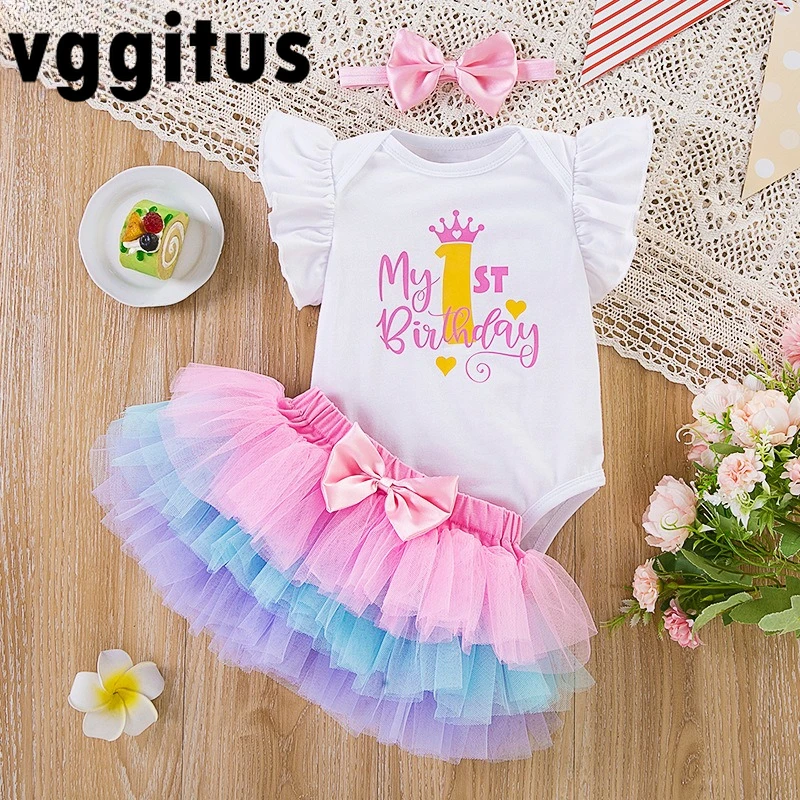 새로운 여름  소녀 세트 생일 편지 인쇄 플레어 슬리브 바디 슈트 + 머리띠와 푹신한 6 레이어 스커트 달콤한 의상 B705
