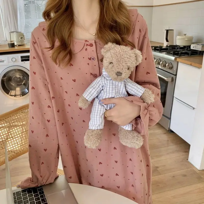 Heart Print Nightgown Sleepwear Womens Korean Style Ruffles Night Dress One Piece Pajamas Autumn Long Sleeve Home Wear women nightgowns women nightdresses women pajamas sleeping dress