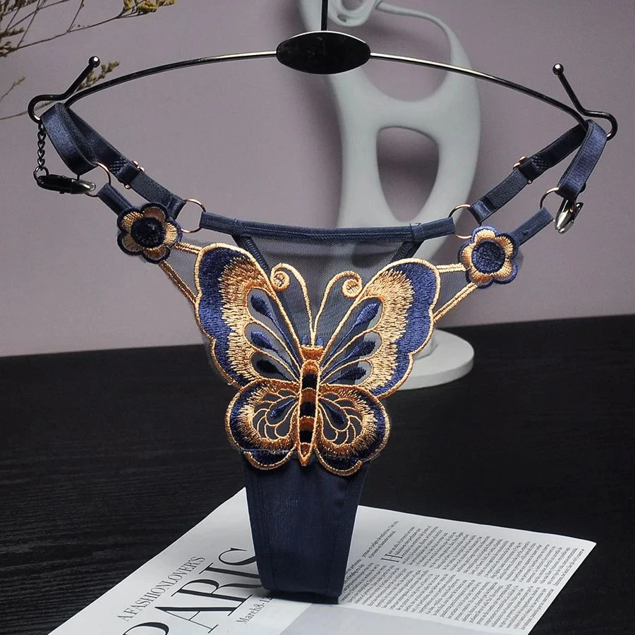 New Sexy Lace Thong Women Butterfly Low Waist Panties G strings Transparent Mesh Briefs Adjustable Waist Panties Culotte Femme